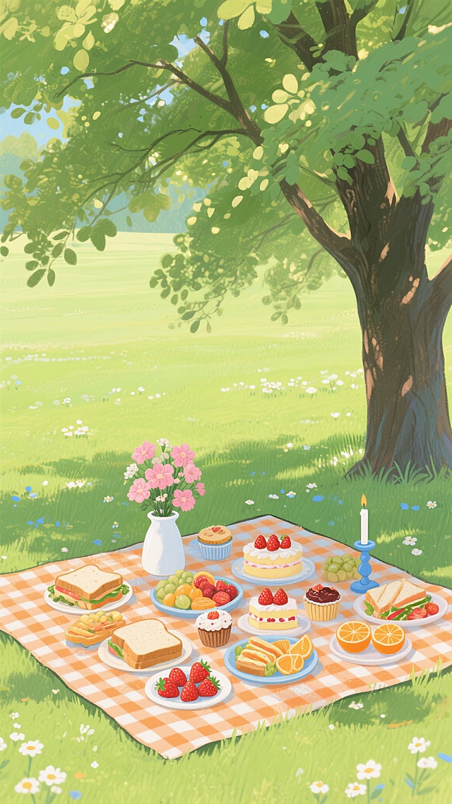 一幅充满治愈感的插画风格野餐场景，阳光明媚的夏日午后，广阔的绿色草坪上点缀着白色小花，一棵枝繁叶茂的大树投下浓密树荫，树下铺着橙白格子的野餐布，上面摆满了丰盛的食物：切片面包、草莓蛋糕、水果拼盘、三明治、马芬蛋糕、草莓和橙子等，还有插着粉色花朵的白色花瓶与蓝色小烛台，整体色调明快清新，以绿色、橙色、蓝色为主，光影柔和，笔触带有手绘质感，营造出悠闲惬意的氛围。