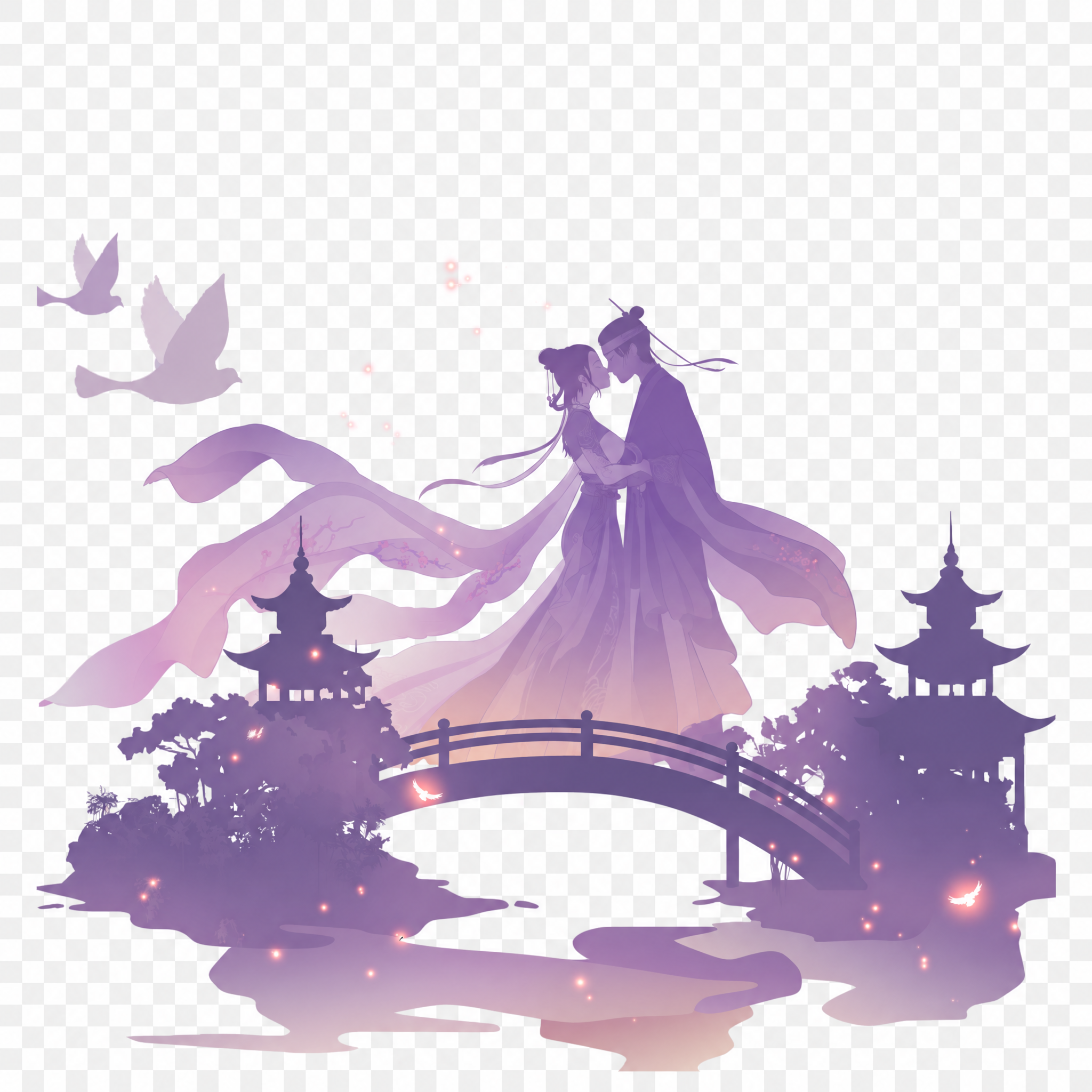去掉背景中的紫色大圆月亮，保留其余所有元素（桥上的古装情侣、飞… - 图片创意预览