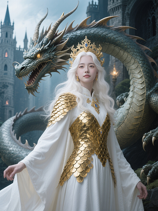 梦幻古典插画风，鎏金服饰与巨龙相映，唯美感十足，展现神秘哥特童话世界。