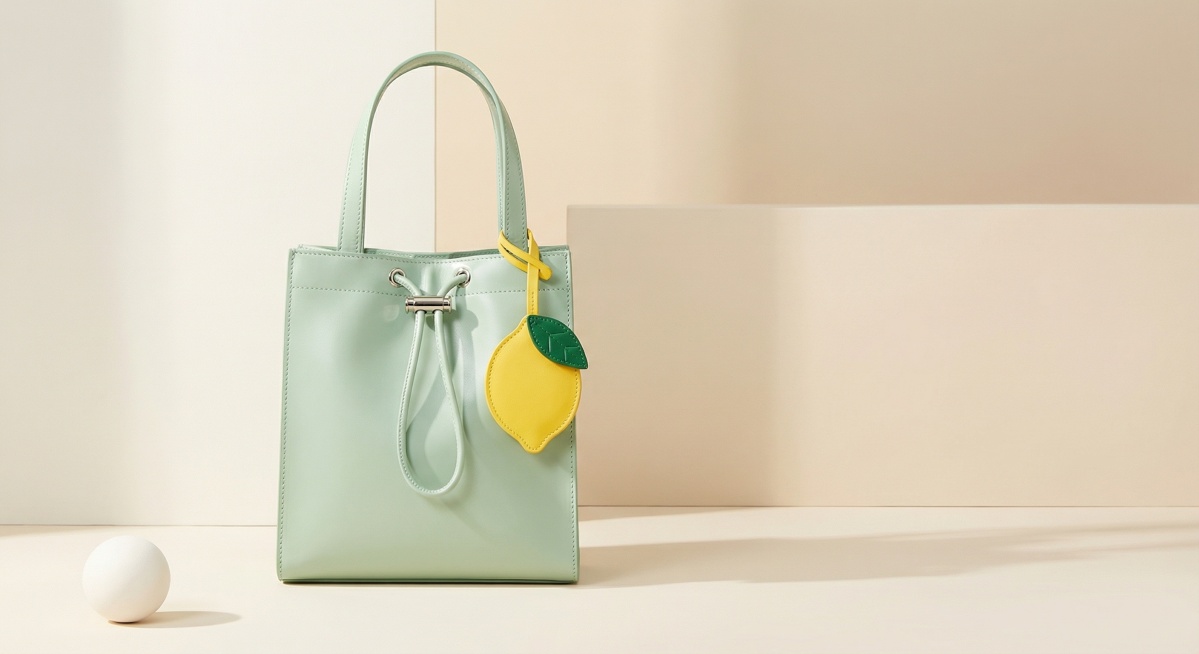 电商商品摄影图，浅薄荷绿色亮面皮革竖款托特包，包型简约利落，同色细长肩带，包口抽绳金属扣设计，挂有黄色柠檬造型小挂饰带绿色叶子细节，极简米白加浅米色几何背景，柔和侧光，干净通透的春日氛围，左下角点缀白预览效果