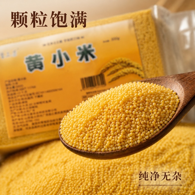 [主图-3] 黄小米颗粒细节特写图
[氛围风格] 微距细节展示，突出食材质感
[画质] 商业摄影质感，光线柔和通透，产品清晰真实，画面干净高级
[元素] 勺子舀起金黄小米颗粒，微距特写展示颗粒饱满圆润预览效果