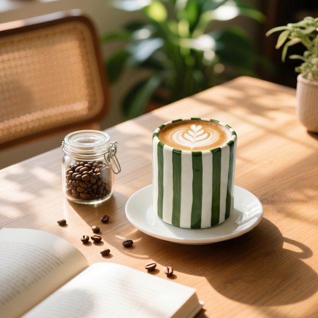 将图中的白色陶瓷杯替换成图二中绿白竖条纹的咖啡杯，在条纹杯子中加入咖啡和拉花，保持原图的桌面场景、光影和其他物品不变预览效果