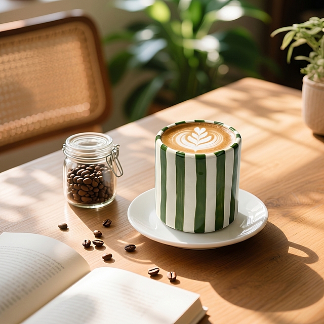 将图中的白色陶瓷杯替换成图二中绿白竖条纹的咖啡杯，在条纹杯子中加入咖啡和拉花，保持原图的桌面场景、光影和其他物品不变