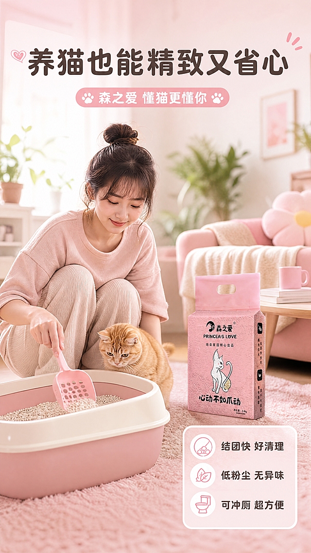 [商品] 使用【图1】森之爱豆腐猫砂；保留粉色包装外观、Logo和文字，产品放在猫砂盆旁的地面上。
[画面] 人物使用页，目标营造年轻女生居家养猫的温馨互动场景，情感共鸣。中景构图，一位年轻亚洲女生（20-30岁，休闲家居服，温柔表情）蹲在客厅地板上，正用猫砂铲清理猫砂盆，旁边有一只可爱橘猫好奇围观。产品包装袋立在猫砂盆旁。场景为温馨粉色系客厅：浅色木地板、粉色地毯、小茶几、绿植。阅读动线从人物到产品再到文字。前中后景：前景猫砂盆边缘，中景女生+猫咪+产品，后景客厅环境虚化。
[视觉] 套系策略：风格=清新治愈系少女风商业摄影；标题字=圆润可爱黑体粗体；正文字=简洁无衬线圆体；主色=樱花粉；背景延展=基于樱花粉做深浅层级、同色渐变和细腻磨砂/纸张质感，居家场景以粉白米色调为主；强调色=奶白色，仅用于小面积图标、引线、标签和高光；标题色=深棕灰；正文色=中暖灰；组件=圆角白底信息卡、细粉线引线、粉色胶囊标签；光影=窗边暖自然光，柔和温馨。
[文字] 顶部主标题「养猫也能精致又省心」；副标题「森之爱 懂猫更懂你」；右下角圆角信息卡内3个短卖点：「结团快 好清理」「低粉尘 无异味」「可冲厕 超方便」。文字不遮挡人物脸部和产品主体。所有文字横向排版。
[规格] 图片比例9:16竖版，4K分辨率，负向提示：避免变形、错字、文字过小、冷蓝/蓝灰背景、人物表情僵硬、包装文字错乱、绝对化用语。