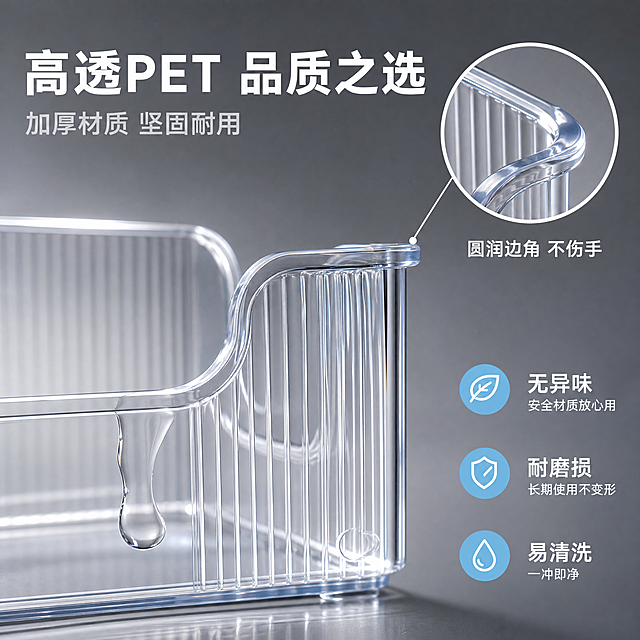 电商主图第三张，PET透明面膜收纳盒材质细节特写图。氛围风格：高级品质感，突出材质通透与做工细节，科技洁净感。画质：商业微距摄影质感，细节锐利，光线精准，材质表现真实。元素：画面主体是PET面膜收纳盒的边角局部放大特写，展示加厚的透明盒壁、圆润的边角处理、内壁的竖条纹纹理和U型开口的光滑边缘。特写镜头下可以清晰看到PET材质的高透明度和光泽感，盒壁有一定厚度体现坚固耐用。背景是渐变的浅灰色到深灰色，简洁干净，突出产品材质。右上角有一个圆形放大框，进一步放大展示边角的圆润打磨细节，有引线连接到产品对应位置。左下角有一小滴水珠滑过盒壁，体现易清洗的特性。保持收纳盒材质质感、竖条纹纹理、边角结构与输入产品图一致，精细化处理。商品主体（特写部分）占画面约60%。光影：侧逆光为主光，勾勒透明盒身的边缘高光，正面柔和补光，体现材质的通透感和厚度，光影层次丰富，有高级玻璃/亚克力质感。配色：主色高级灰渐变，辅色透明高光银白，强调色用浅蓝代表洁净易清洗，图标用蓝白配色。视角构图：45度侧视微距特写，聚焦边角和材质细节，景深较浅，背景虚化。文字版式：左上负空间左对齐，大字标题"高透PET 品质之选"白色粗体无衬线最大号；下方辅助文字"加厚材质 坚固耐用"浅灰色约半高。右侧中部竖向排列三个卖点，每个卖点前有小图标：「无异味」安全材质放心用、「耐磨损」长期使用不变形、「易清洗」一冲即净。文字白色，图标浅蓝色，整体简洁高级。圆形放大框下方标注"圆润边角 不伤手"白色小字。输出要求：1:1比例，文字清晰锐利，超高清微距摄影质感。负向提示词：变形，文字错乱，产品模糊，背景杂乱，水印，电商平台Logo，多余手指。