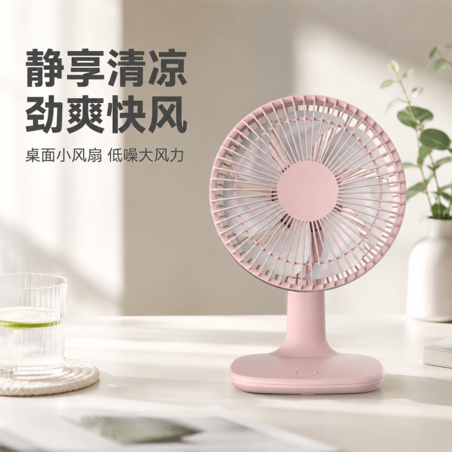 [主图-1] 桌面电风扇核心利益首图，浅粉色台扇放在简洁干净的桌面场景，营造夏日清凉氛围。保持产品外观（物理结构、材质质感、颜色）与输入产品图绝对一致，杜绝任何变形和色差，精细化处理。商品主体占比严格预览效果