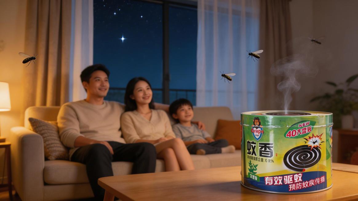 蚊香居家场景图，夏夜客厅环境，蚊虫被驱赶，家人安心舒适，温暖家居氛围，商业摄影预览效果