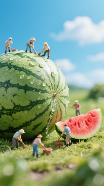 几个农民小人在一个巨大的西瓜旁工作；西瓜上带有水珠，水珠滑落；旁边还有切开的西瓜；画面明亮清新，蓝天白云草地的背景；预览效果