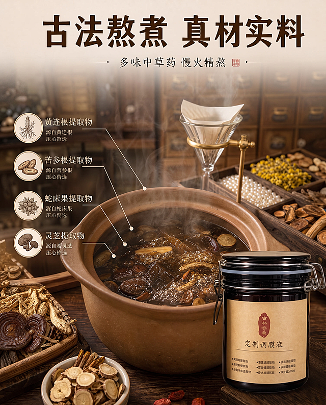 [主图-2] 中药熬煮工艺展示图，核心任务是证明产品古法熬制、真材实料的中药成分背书。
[统一基调] 新中式草本护肤风格，整体色调以深棕、米白、暗金色为主，背景为柔和的浅米色渐变，点缀干草药元素。主标题粗体非衬线深棕色，辅助文字深灰色，整体干净高级。
[画面] 画面主体为一只陶土砂锅，锅内正在熬煮深色中药汤液，表面有细密气泡和微微蒸汽升腾，锅内可见多种中药材（如灵芝、人参片、花草等）。砂锅旁的木托盘中摆放珍珠、干花、草药原料等成分展示。背景虚化呈现中药房环境，有木质药柜和玻璃漏斗过滤装置。画面右下角小窗展示黑色调膜液罐子，建立产品归属关系。
[光影质感] 真实摄影质感，暖调自然光，砂锅陶土质感粗糙真实，药液有光泽和通透感，蒸汽轻盈自然，食材原料纹理清晰，整体温暖有烟火气。
[配色] 主色深棕+陶土色+米白，暖黄色调，符合古法熬煮的传统氛围。
[文字版式] 画面上方居中大标题"古法熬煮 真材实料"。标题下方一行小字"多味中草药 慢火精熬"。画面左侧用引线标注3-4种核心药材名称（如黄连根提取物 苦参根提取物 蛇床果提取物等），配小图标。右下角产品小窗下方标注"满满中药精华 一罐可用数月"。文字均不遮挡主体砂锅。
[输出要求] 1:1正方形，2048x2048，文字清晰可读，画面细节丰富。负向：变形、错字、模糊、现代工业设备、西药成分、医疗功效宣称。