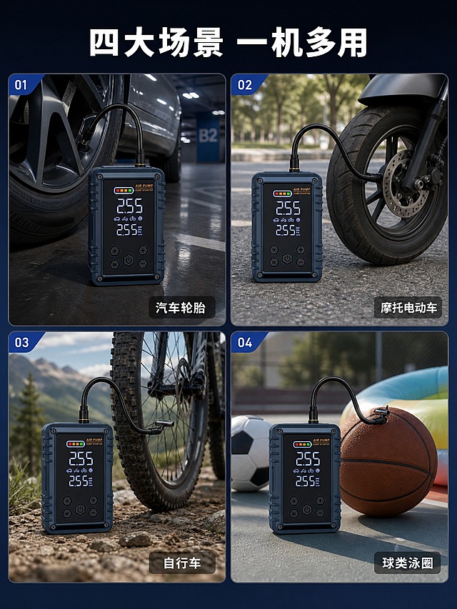 [商品] 使用【图2】正面视角充气泵一体机；保留藏蓝色机身、黑色充气管、五按键布局、双行数字显示屏；产品外观颜色材质结构完全一致。
[画面] 第6张 使用场景拼图。目标：展示四大使用场景，体现多场景适用性。构图：2×2四宫格拼图，每格一个场景。左上：汽车轮胎充气场景（地下车库，给轿车轮胎充气）；右上：摩托车/电动车充气场景（路边给电动车轮胎充气）；左下：自行车充气场景（户外给山地车轮胎充气）；右下：球类充气场景（给篮球/足球充气）。每格都有产品出现，角度和状态略有不同。背景：每格独立场景背景，整体有统一边框分隔。
[视觉] 套系策略：风格=天猫数码家电深色科技风；标题字=思源黑体粗体；正文字=思源黑体常规；主色=藏青深蓝；背景延展=四格独立真实场景+统一深色边框分隔；强调色=亮蓝色标签；标题色=白色；正文色=浅灰色；组件=场景标签+场景编号角标；光影=各场景真实光影+产品自然融入。
[文字] 顶部主标题'四大场景 一机多用'白色粗体。每格右下角有场景标签：'汽车轮胎'、'摩托电动车'、'自行车'、'球类泳圈'，白色文字+半透明深色底。
[规格] 图片比例3:4竖版，4K，避免变形、错字、文字过小、产品颜色改变、结构失真、悬浮、穿模、水印、平台logo、极限词。
