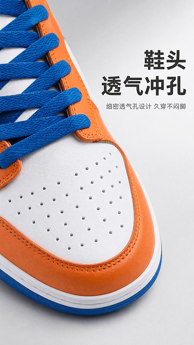 鞋子鞋头正面特写，略微俯视角度，清晰展示白色鞋头上的密集小圆孔透气冲孔设计。冲孔排列整齐，皮革边缘光滑。旁边有橙色鞋身和宝蓝色鞋带的局部作为衬托。光线从斜上方打来，在孔内形成自然阴影，体现立体感。右侧文字："鞋头透气冲孔"，下方小字："细密透气孔设计 久穿不闷脚"。背景为浅灰色渐变。鞋子的颜色、材质、冲孔样式必须与参考图完全一致。