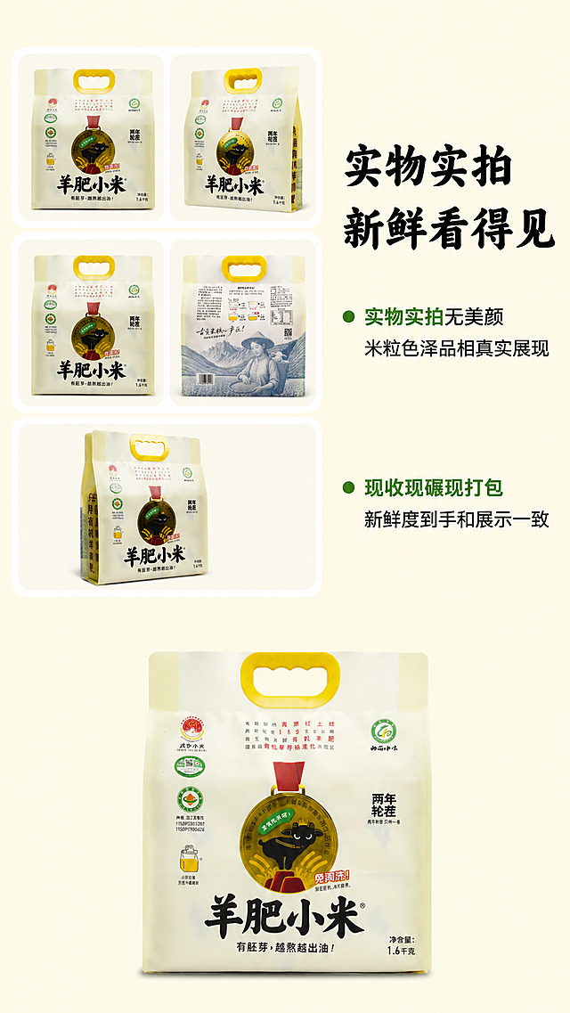 请使用电商详情页技能# 山西羊肥黄小米 2500g正宗农家新米
## 首屏吸睛标题
山西地道羊肥黄小米｜当年新粮现碾发货 煮粥出油香浓软糯

## 痛点引入
家里日常煮粥总踩坑？陈米寡淡无米香，煮不出浓稠米油，口感粗糙不好下咽！选米就得挑原产地好粮，这款山西农家羊肥种植小米，新鲜地道，还原儿时老家米香味。

## 核心卖点分块介绍
✅ **正宗山西产地**
本土山地种植，得天独厚自然水土，地道山西特产，品质原汁原味。

✅ **羊肥生态种植**
农家天然羊肥滋养生长，不催熟不掺杂，粮食自然成熟，吃着安心健康。

✅ **当季全新粮食**
本年度新米采收加工，颗粒新鲜饱满，无陈米旧货，锁住原生米香。

✅ **足量大份规格**
足足2500g大容量包装，居家日常囤货够用，性价比实打实。

## 材质细节
金黄圆润小米颗粒，色泽透亮均匀，米粒紧实饱满，粉质细腻；无碎米、无霉粒、无掺混杂米，干净杂质少，原生态谷物本色。

## 使用场景
日常早餐熬小米粥，浓稠挂壁满层米油；搭配杂粮煮饭、焖饭，香甜适口；老人小孩辅食代餐，全家日常三餐百搭主食。

## 实拍优势
实物实拍无美颜，米粒色泽、品相真实展现；现收现碾现打包，新鲜度看得见，到手和展示品质一致。

## 售后承诺
严格筛选坏米碎米，用心打包防护；品质有保障，日常家用放心选购，售后贴心无忧。「图片1」「图片1」「图片1」「图片1」「图片1」「图片1」