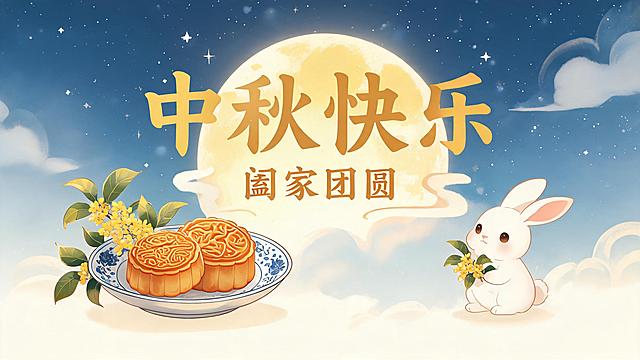 微信公众号首图，中秋节主题，画面中央有醒目的大字标题"中秋快乐"，下方有副标题"阖家团圆"，背景是一轮明亮的满月悬挂在深蓝色夜空，周围点缀着闪烁的星星和淡淡的云彩，前景有精致的月饼、桂花、玉兔等中秋元素，整体色调温暖柔和，金色与暖橙色为主，营造温馨团圆的节日氛围，中国风插画风格，构图居中对称，画面清晰精美