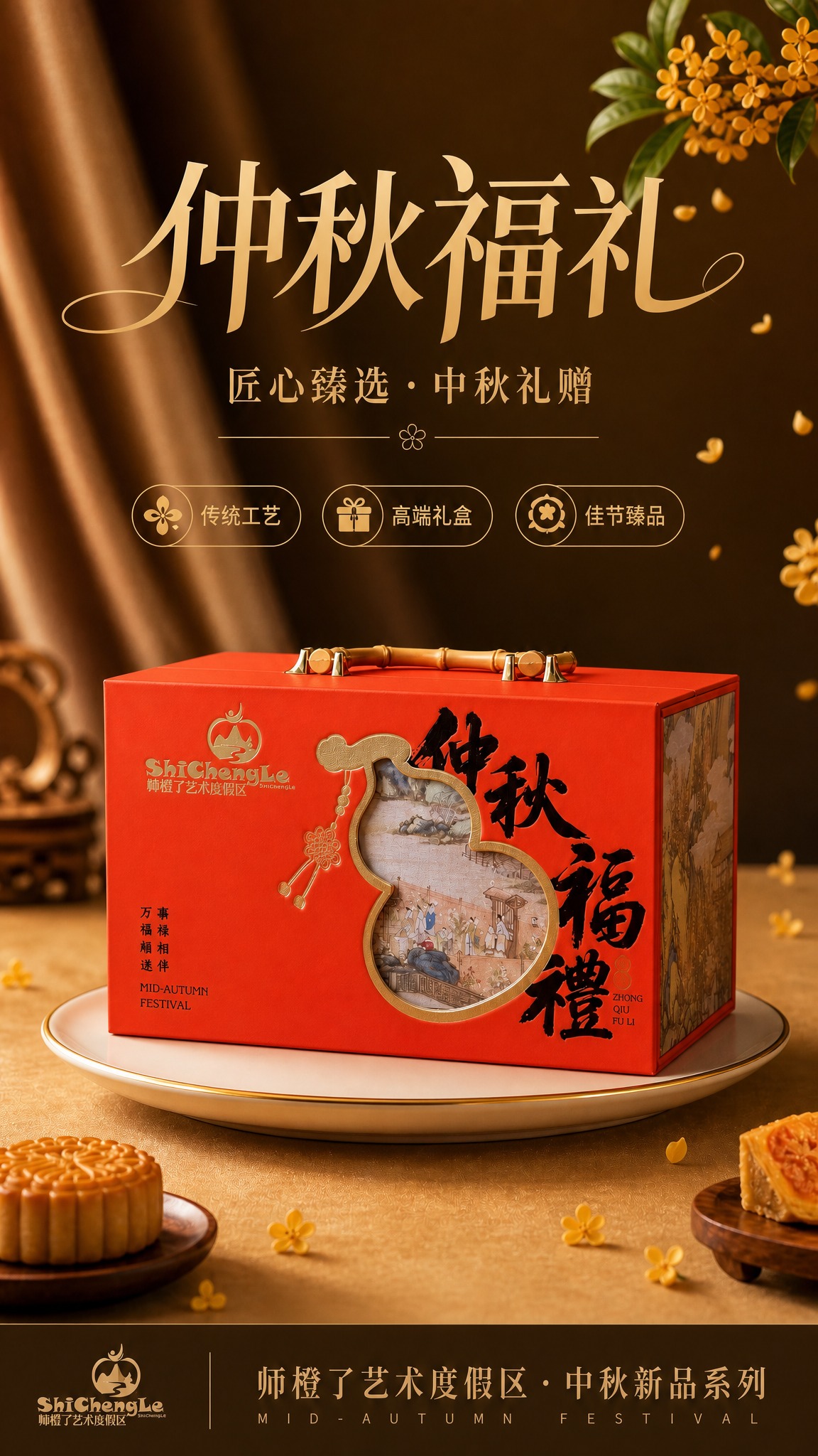 写实商业摄影风格的中秋月饼礼盒海报，竖版9:16比例。严格参考… - 图片创意预览