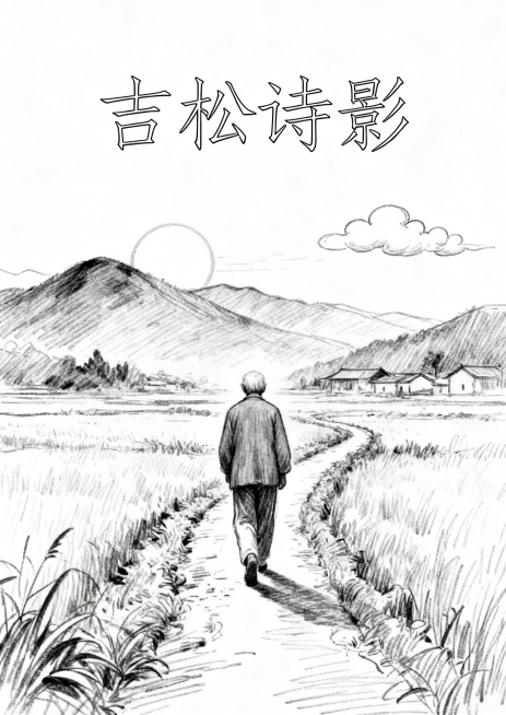 素描线条风格的《吉松诗影》画册封面，仅用黑白手绘线条勾勒：前景是行走在小路上的老人背影，远景是简约线条表现的山水、太阳和云朵，无村庄元素，顶部用书法感线条字体居中呈现"吉松诗影"标题，整体画面清幽雅致预览效果
