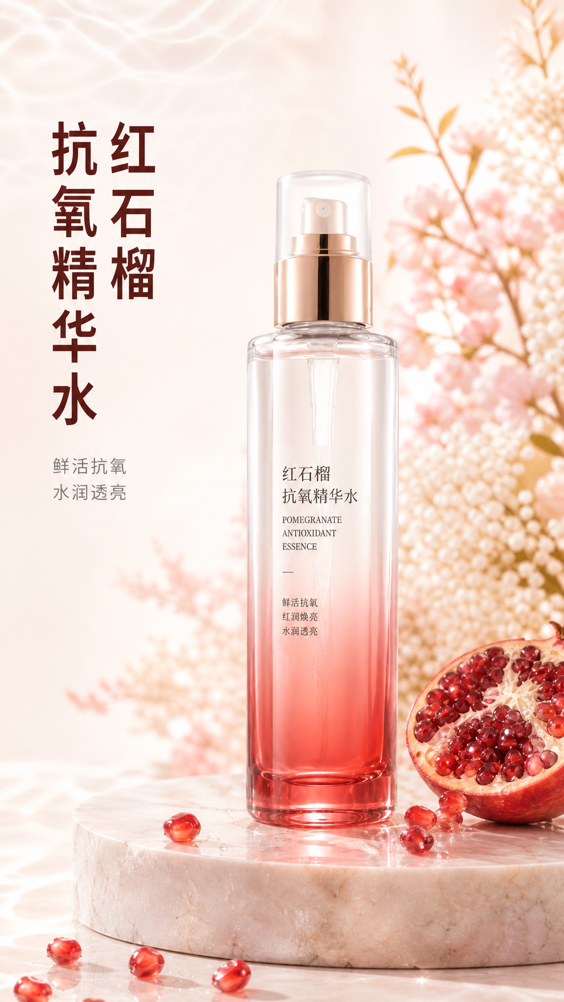[主图-1] 首图品牌调性，红石榴抗氧精华水高级静物展示。 [… - 图片创意预览