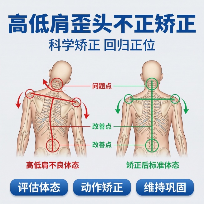 [主图 3] 高低肩体态改善课程主图
[氛围/风格] 专业运动康复风格，清爽明亮，知识氛围，和套图整体风格统一
[画面元素] 中心放置人体体态示意图，左侧标注高低肩不良体态，右侧标注矫正后标准体态，清预览效果