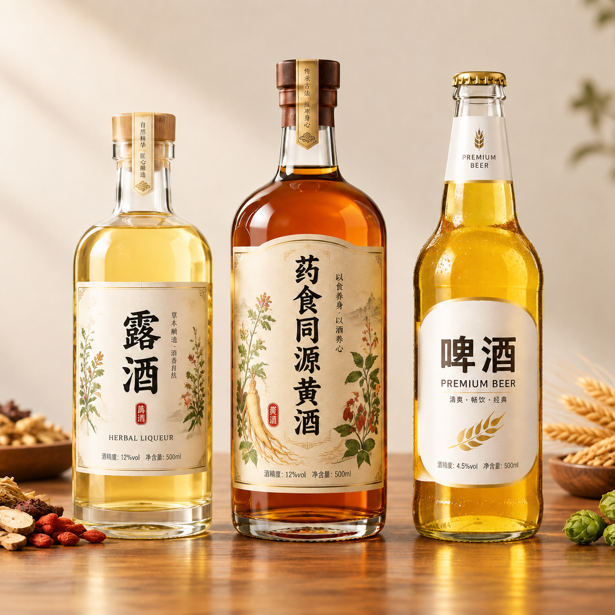 移除最左侧露酒透明瓶内浸泡的所有药材和植物原料（人参根茎、红色… - 图片创意预览