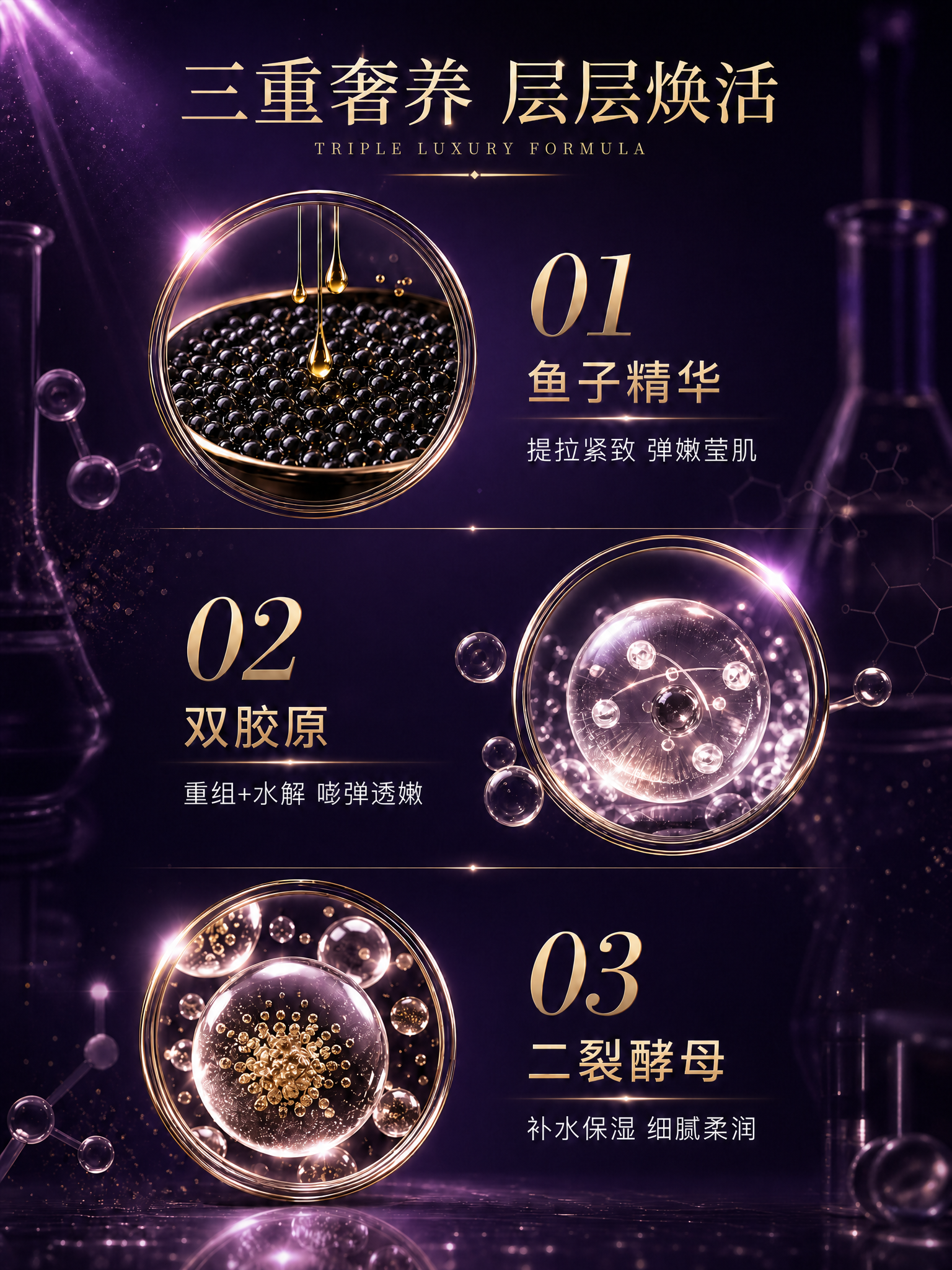 将这张三重奢养成分主图的整体主题颜色替换为深紫色调（参考图2的… - 图片创意预览