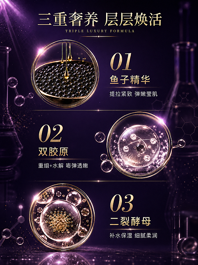 将这张三重奢养成分主图的整体主题颜色替换为深紫色调（参考图2的深紫渐变背景色），保持画面构图、三层成分上下排序、文字内容、圆形金色边框成分图、实验室器皿元素全部不变，只改变背景主色调和整体色彩氛围。背景从深黑金色改为深紫色到深紫黑色的径向渐变，保留金色粒子光效和光晕但调整为与深紫色协调的金紫混合光感；金色文字和金色边框保持金色但略微增加紫色环境光反射；整体氛围从黑金奢华改为紫金奢华，更优雅神秘。保持3:4竖版比例，高清质感，文字清晰。