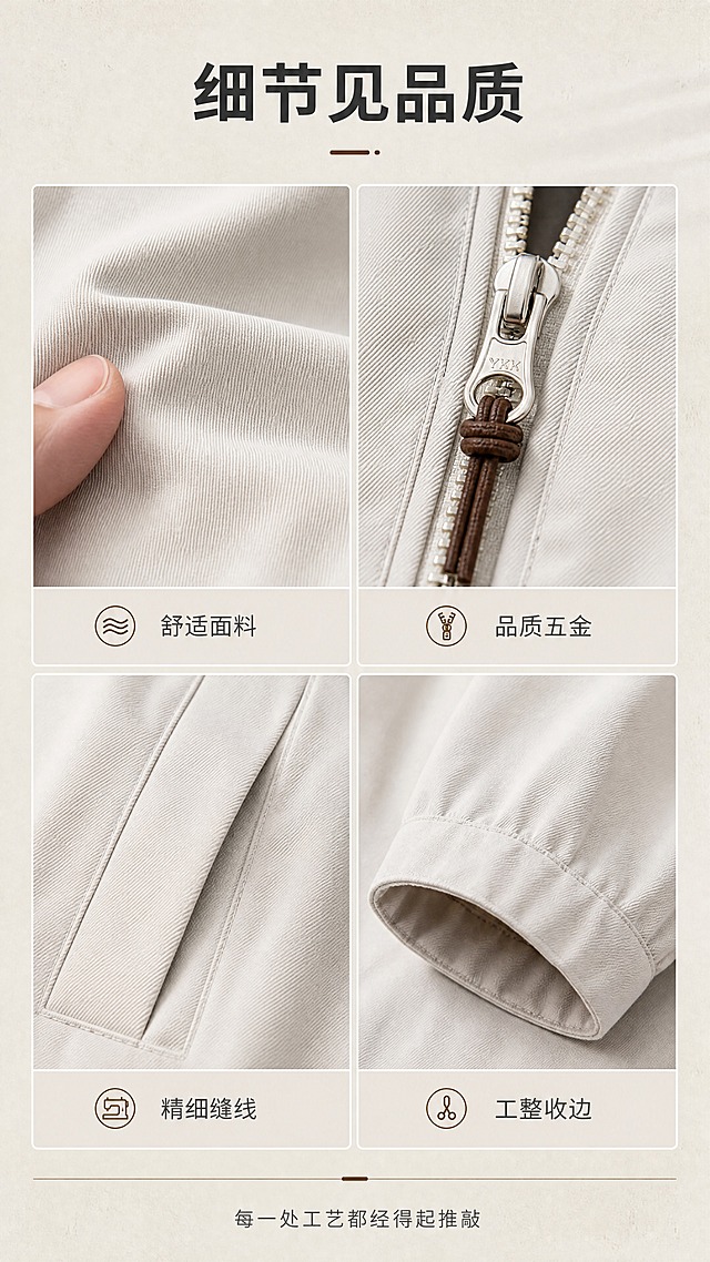 [商品] 使用【图1】米白色立领男士夹克；商品处理：保留立领、拉链、插袋、袖口、下摆松紧、整体版型和米白颜色；自然去除衣身杂乱褶皱，理顺垂坠，增强面料纹理、缝线、拉链五金质感，不改变版型和结构。
[画面] 页面目标：面料与工艺细节页，微距展示面料纹理、拉链五金、缝线做工，体现品质感。构图：竖版9:16，采用2x2宫格布局，4个细节特写分别为：左上-面料纹理微距（手指轻触面料）、右上-拉链头五金特写、左下-口袋缝线细节、右下-袖口收边工艺；背景为浅米色纸张质感，宫格间有细白边分隔。
[视觉] 套系策略：风格=极简高级男装商业摄影风；标题字=现代无衬线粗体（思源黑体Heavy）；正文字=简洁无衬线体（思源黑体Regular）；主色=米白+浅灰；背景延展=基于米白/浅灰做深浅层级渐变、细腻水泥墙面/纸张质感；强调色=深棕/古铜色，仅用于小面积图标、引线和标签；标题色=深炭灰；正文色=中暖灰；组件=细线引线、圆角浅底信息卡、极简分割线；光影=左前侧45度柔光，柔和自然阴影。
[文字] 顶部主标题"细节见品质"，每个宫格下方配1个短标签"舒适面料 / 品质五金 / 精细缝线 / 工整收边"，底部一行小字"每一处工艺都经得起推敲"。所有文字横排，清晰可读。
[规格] 图片比例9:16竖版，4K，medium质量。避免变形、错字、文字过小、冷蓝背景、衣服颜色改变、版型失真、出现平台Logo/水印/二维码。
