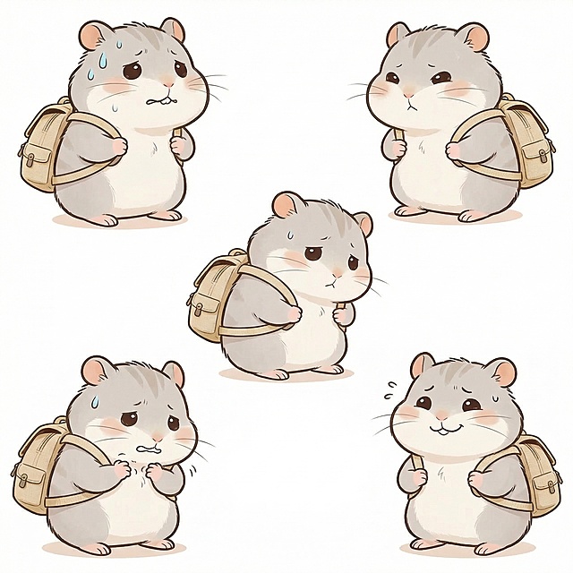 参考上传的仓鼠形象，绘制局促表情的卡通仓鼠表情包，无任何文字标签，保持原可爱画风，白色背景