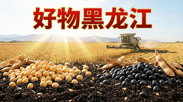 黑龙江大豆主题农产品直播横版背景图。画面下方前景是大量饱满金黄的黄豆和乌黑的黑豆散落在黑土地上，中后景是成片生长的大豆田延伸向远方，天空明亮有阳光丁达尔效应。画面上方显著位置添加五个大大的醒目标题文字"好物黑龙江"，文字清晰突出，字体大气醒目。整体风格明亮自然，构图开阔，横版适合直播背景，保留充足的主播画面区域，展现黑龙江优质大豆农产品氛围。
