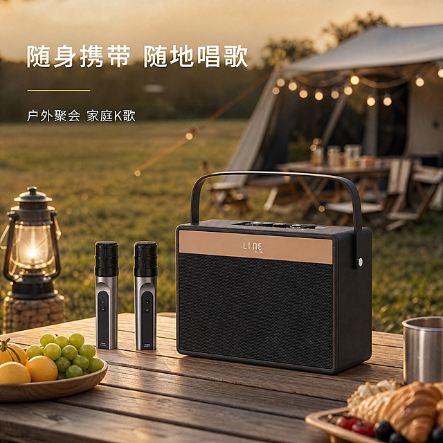 [主图-4] 场景使用-户外聚会场景，展示产品在户外环境中的真实使用状态。
[统一基调] 风格=极简轻奢高级生活方式摄影；主色=自然低饱和场景色+灰调；强调色=香槟金（仅细线与重点词）；标题字=纤细无衬线粗体 字间距宽松；正文字=简洁无衬线体；组件=无卡片无标签，纯文字排版；光影=自然柔光 暖色调。
[画面] 产品放置在户外草坪的木质野餐桌上，正面微侧角度，占画面约25%。旁边立着两支无线话筒。背景是虚化的户外露营场景——绿色草坪、远处的帐篷剪影、温暖的傍晚光线，低饱和度处理，氛围感强。画面整体暖色调，柔和自然。
[光影质感] 傍晚金色自然光，柔和漫射，产品有自然的环境光反射，底部有柔和投影，场景背景虚化突出产品。
[配色] 背景=自然绿+暖金夕阳光 低饱和；产品=黑+香槟金；文字=白色主标题+浅白副标题；强调=香槟金细线。
[文字版式] 画面左上角，主标题"随身携带 随地唱歌"（白色大字 字间距宽松），下方极细香槟金横线分隔，再下方副标题"户外聚会 家庭K歌"（浅白色小字）。全部横排，左对齐，不遮挡产品。
[输出要求] 比例1:1方图，2K分辨率，产品清晰融入场景，场景氛围自然，文字清晰。负向：变形 错字 模糊 高饱和 彩色标签 渐变按钮 人物正脸 竖排文字 绝对化用语 平台Logo 水印。