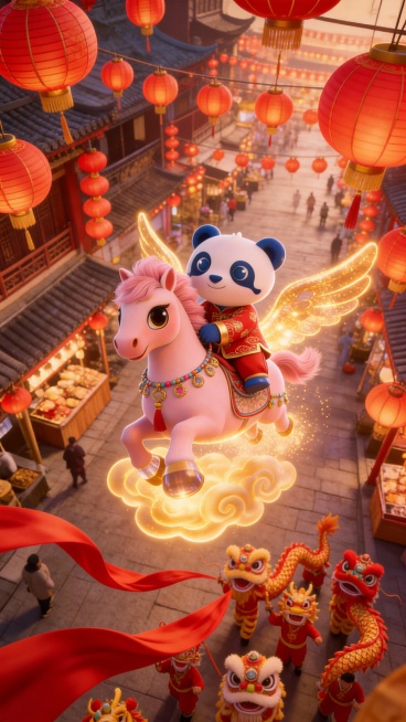 5张连贯分镜图，适配15秒马年新年短片，皮克斯风3D动画，主题为蓝白熊猫和萌马如图所示，整体为喜庆红金，暖色调，画面鲜艳明亮:第一张是穿着红色汉服和裤子的蓝白熊猫如图上的熊猫抱着粉色萌马，背景有祥云和预览效果