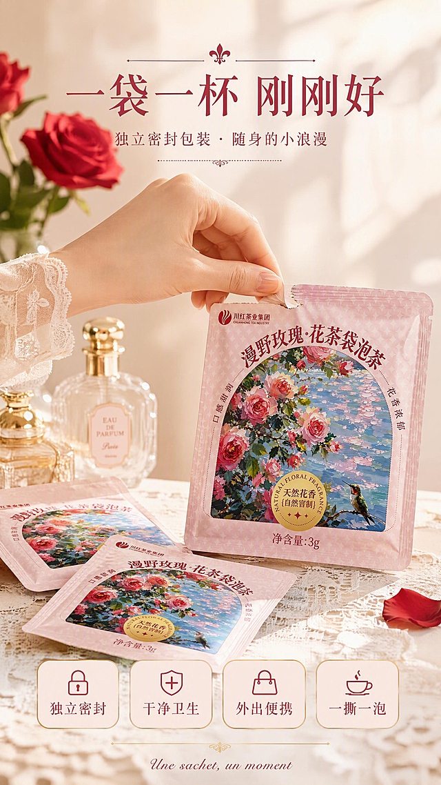 [第5张] 详情页包装便携——川红漫野玫瑰红茶独立小袋包装，法式年轻化风格，红色玫瑰主题。本张使用【图3】独立小袋作为产品主体。
[氛围/风格] 法式年轻日常感，干净梳妆台风，精致清新，温暖治愈的午后时光。
[元素布局] 画面右侧摆放独立小袋包装，占比约45%，包装正面完整展示；左侧为一只优雅的手正在撕开小袋包装，手指纤细自然；背景为浅米色纯净渐变，有模糊的红色玫瑰花瓶和香水瓶剪影点缀；桌面上散落2-3袋小包装，铺在白色蕾丝桌布一角，干净有层次。
[光影质感] 左上方自然光，手部柔和光影，包装袋有轻微反光，整体明亮温暖有氛围感。
[配色色系] 全局底色 #FCF2EE 柔米奶油色；主色正红玫瑰、酒红；辅助色浅金、肤色；点缀色奶白、正红。
[视角构图] 左右构图，左手部动作右产品展示，阅读动线顶部标题 → 中部产品+手部 → 底部卖点。
[文字版式] 顶部主标题「一袋一杯 刚刚好」，副标题「独立密封包装 · 随身的小浪漫」，统一纤细法式衬线字体，统一酒红色；底部四个圆角卖点标签：「独立密封」「干净卫生」「外出便携」「一撕一泡」，统一粉金配色，简约图标+文字；右下角小字「Une sachet, un moment」。
[比例分辨率] 9:16 竖版比例，4K 分辨率，文字清晰可辨，高清画质。
[负向提示词] 包装变形，文字错乱，手部畸形，粉色玫瑰，颜色偏差，水印，文字过小。