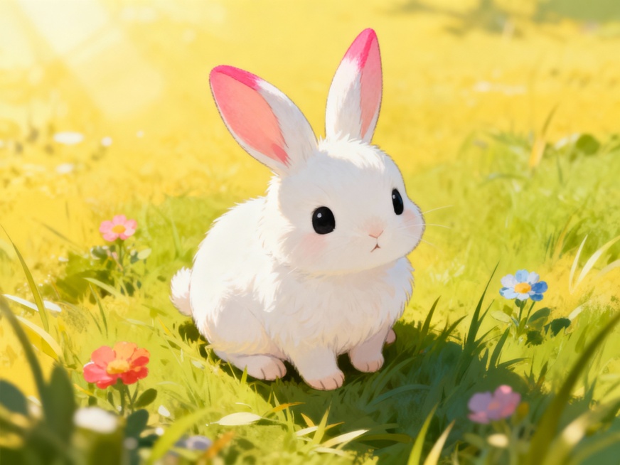 一只可爱的小兔子，白色绒毛，粉红色耳朵尖，圆溜溜的黑色眼睛，蹲坐在绿色草地上，周围有几朵彩色小花，阳光明媚，整体画面温馨治愈预览效果