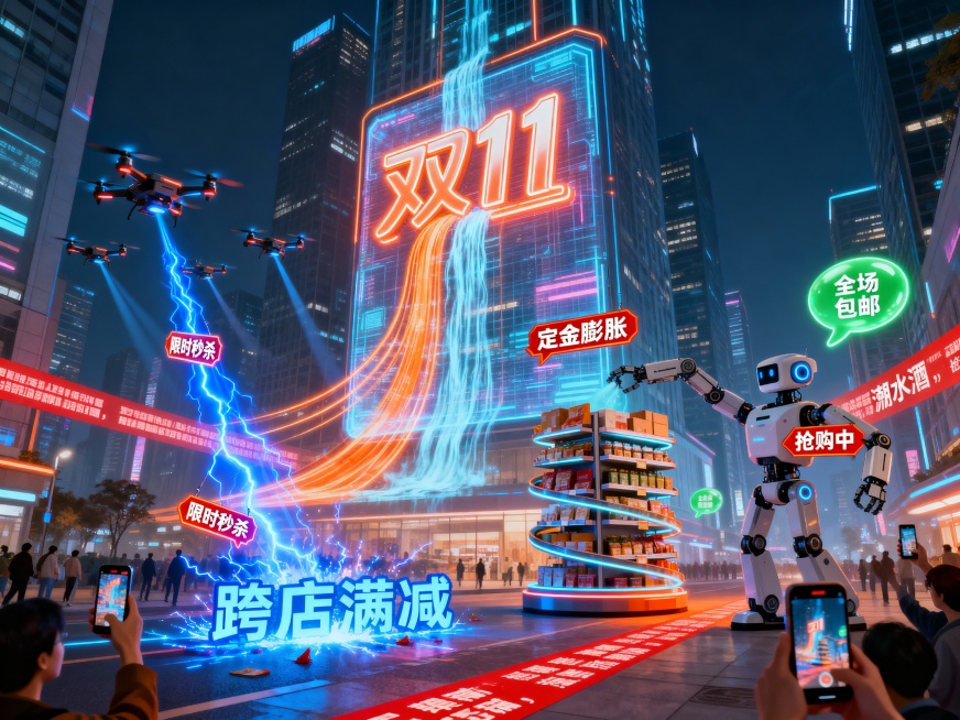 赛博朋克风格的城市背景，巨型全息广告牌喷出“双11”的霓虹光带，光带如流水般在摩天大楼间穿梭，左侧无人机群拖着“限时秒杀”的发光标签如蜂群掠过街道，标签撞击地面迸发出“跨店满减”的蓝色电弧，右侧智能机预览效果