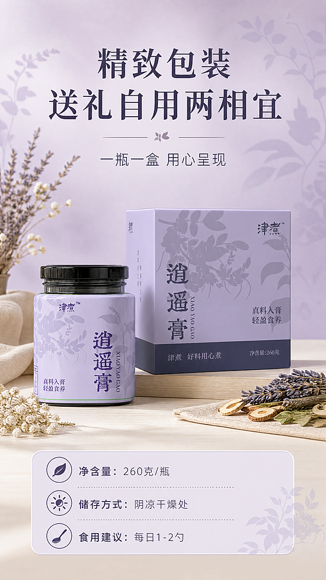 [商品] 使用【图1】玻璃罐瓶装 + 【图3】纸盒包装立体斜角，两件组合全家福；玻璃罐保留淡紫色瓶身、黑色瓶盖、"津煮TM"、"逍遥膏"、"XIAO YAO GAO"、"真料入膏 轻盈食养"、植物剪影花纹；纸盒保留淡紫色盒身、深紫底边、"津煮TM"、"逍遥膏"、"XIAO YAO GAO"、"真料入膏 轻盈食养"、"津煮 好料用心煮"、"净含量:260克"、植物剪影花纹、侧面竖排文字；两件产品的结构、颜色、文字全部保真。
[画面] 页面目标：包装全家福+规格信息页，展示瓶+盒完整包装组合与产品规格。构图为瓶盒组合陈列于画面中下区域，占画面约55%；玻璃瓶在前偏左，纸盒在后偏右，形成前后层次；桌面为浅木色/米白台面，旁边有干花、草本小束点缀；背景为淡紫渐变柔雾+植物剪影；≥3层视觉层次（前景桌面道具/中景产品组合/背景虚化）。
[视觉] 套系策略：风格=东方雅致轻养生商业摄影风；标题字=宋体衬线粗体（优雅古风）；正文字=简洁无衬线体；主色=淡薰衣草紫；背景延展=基于淡紫做深浅层级、同色渐变和细腻宣纸/雾面质感，局部加入植物剪影暗纹；强调色=深紫灰，仅用于小面积图标、引线和标签；标题色=深紫灰；正文色=中紫灰；组件=圆角浅紫信息卡、细线引线、植物小图标；光影=左前侧柔暖自然光，柔和阴影，产品通透有质感。
[文字] 上方横排主标题「精致包装 送礼自用两相宜」（10字），副标题「一瓶一盒 用心呈现」（8字）；右下区域横排规格信息：「净含量：260克/瓶」「储存方式：阴凉干燥处」「食用建议：每日1-2勺」；文字不遮挡产品主体。所有文字横向排版。
[规格] 图片比例9:16竖版，4K分辨率，负向提示：避免变形、错字、文字竖排、产品比例失调、医疗功效表述、二维码、水印、冷蓝色调。