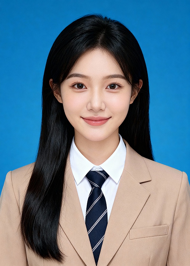 咖色学院风直发女生蓝底证件照