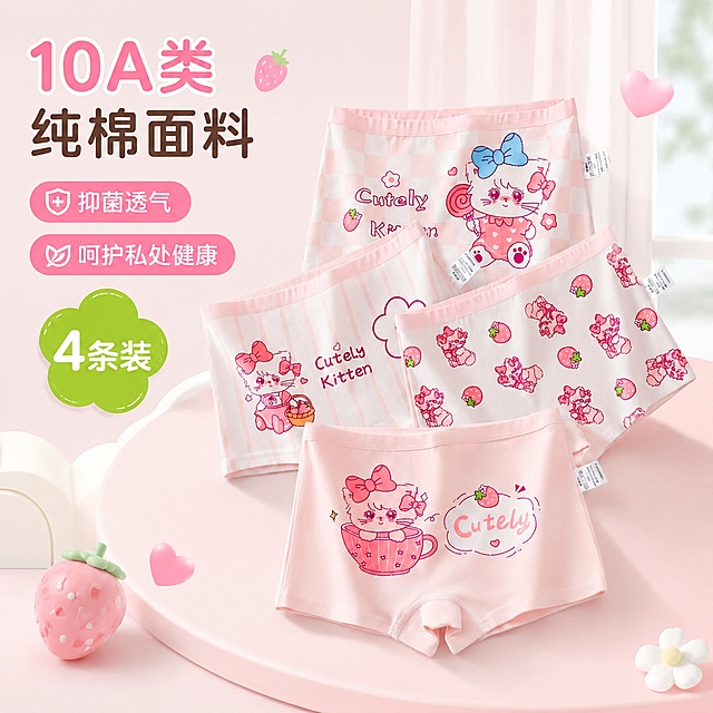 参考图2的设计排版风格格式和布局，将图1的四条儿童内裤作为主体，添加文案"10A类纯棉面料 抑菌透气 呵护私处健康 4条装"，生成1:1比例的电商产品主图，保留图1产品中的所有图案和文字，更换为新的干净清新背景，风格可爱适合儿童产品