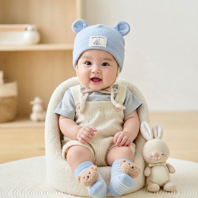 保留原图片构图和婴儿姿势，将图1婴儿头上的白色小熊帽子替换成图2的浅蓝色带小熊耳朵和Baby Bear标签帽子，将婴儿脚上的白袜子替换成图2的浅蓝色带棕色小熊头的鞋袜，保持整体风格和光影一致，自然真实预览效果