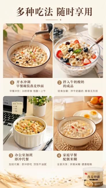 [第4屏] 食用场景篇，展示燕麦炒面四种不同吃法，覆盖多种日常使用场景。
[氛围/风格] 温馨生活化美食氛围，真实诱人美食摄影，干净清爽风格
[元素布局] 采用四宫格拼图布局，四个格子分别展示：1 开预览效果