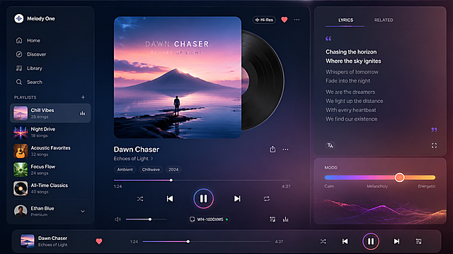 High-end music player concept screen featuring a large album-art area, playback controls, playlist stack, lyrics panel, mood gradient, and subtle glassmorphism. The interface should feel production-ready, readable, and coherent, with carefully balanced spacing and a strong visual focal point. No broken buttons, no random text errors, no watermark.