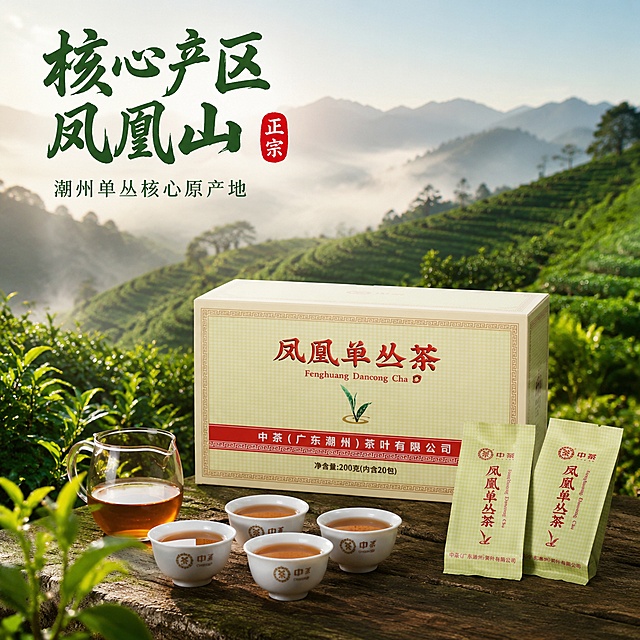 [主图-2] 国潮风格凤凰单丛茶核心产地溯源主图。
[氛围风格] 自然茶园国风氛围感，突出产地正宗。
[画质] 商业摄影质感，光线自然通透，产品清晰真实，层次分明。
[元素] 凤凰单丛茶原礼盒放置在画面右下侧，左上背景为云雾缭绕的潮州凤凰山茶园实景，绿色茶树层层叠叠，远山雾气朦胧。保留产品原始外观（物理结构、材质质感、颜色）与输入产品图绝对一致，杜绝任何变形和色差，精细化处理。商品主体占比严格控制在70%左右，画面层次清晰，产品突出。
[光影] 自然清晨柔光，茶园薄雾带空气通透感，阳光斜照给茶叶镶浅金边，茶叶礼盒受光均匀，文字清晰可见。
[配色] 主色调茶园嫩绿搭配远山雾蓝，产品米黄包装点缀其中，红色文字呼应国潮风格，整体清新自然。
[视角构图] 斜侧45度俯视构图，前产品后茶园，景深适中突出主体。
[文字版式] 左上大字号国潮书法文案"核心产区 凤凰山"，绿色粗体搭配红色印章式"正宗"标识，醒目突出。右侧小字标注"潮州单丛核心原产地"，字号缩小，深绿色字体。文字均置于背景留白区域，不遮挡产品主体。
[输出要求] 1:1比例，文字清晰可辨，超高清商业摄影质感，width:800 height:800。
[负向提示词] 变形，文字错乱，产品图模糊，背景杂乱，水印，电商平台Logo，颜色偏差，信息遮挡