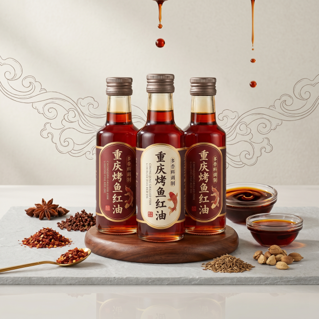 电商主图，重庆烤鱼红油产品展示，包装瓶陈列场景，凸显'多香料调制'卖点，新中式国风设计，简约干净，适配淘宝主图1:1比例预览效果