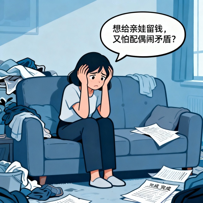 帮我把下面的文案生成3-4张图片，用于发送图文笔记二婚宝妈的隐秘焦虑：想悄悄给亲生孩子留笔钱当保障，又怕配偶知道后闹矛盾、伤感情？
更怕操作不当，反而变成“转移夫妻共同财产”，吃力不讨好！
作为宝妈律预览效果