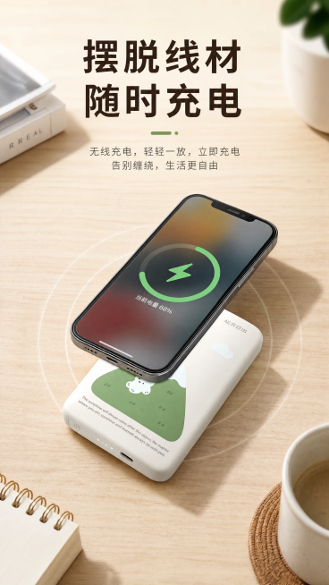 [第5屏] 无线充电功能演示，使用原图1保持产品外观不变，展示手机放在充电宝上无线充电的桌面场景，标题「摆脱线材 随时充电」，浅原木桌面简约风，9:16，4K清晰文字预览效果