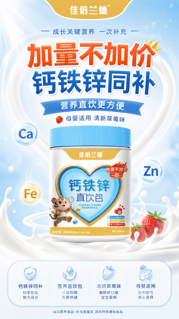 制作一张有吸引力的佳倍兰德钙铁锌直饮包宣传海报，展示产品图片，突出"加量不加价"和"钙铁锌同补"卖点，风格清新健康，适合母婴营养品类宣传，整体布局主次分明，吸引家长购买预览效果
