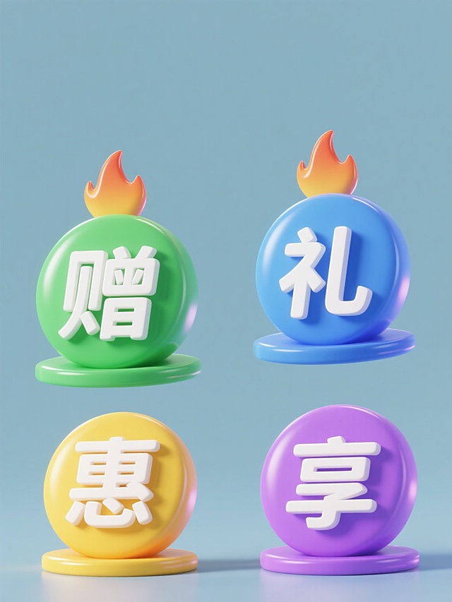 四个具有统一3D立体风格的图标规整排列在纯色背景上，每个图标都采用圆形底座加顶部火焰状装饰的组合形态，表面有从中心向外渐变的光泽效果和明显的高光、阴影过渡，第一个图标为绿色背景上白色的“赠”字，第二个图标为蓝色背景上白色的“礼”字，第三个图标为黄色背景上白色的“惠”字，第四个图标为紫色背景上白色的“享”字，整体保持一致的圆润造型和光影质感，形成系列化设计。