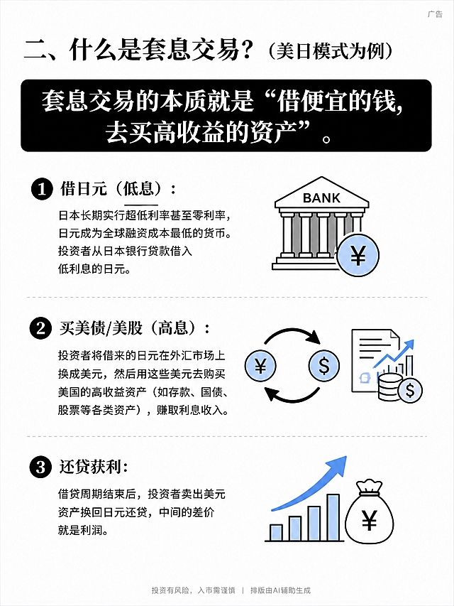 小红书图文笔记模板，竖版3:4比例，白底，简约金融科普风格，清晰易读的黑色正文和标题字体，图文并茂。与第1张风格统一，延续模板版式：顶部小标题，中间黑底白字大标题横条，下方分点内容配线性图标。右上角用浅灰色小字标注“广告”，最底部中间用浅灰色小字标注“投资有风险，入市需谨慎 | 排版由AI辅助生成”，颜色不显眼。

本张为第2张，主题：什么是套息交易？（美日模式为例）
完整保留以下文字内容，排版清晰：
“套息交易的本质就是“借便宜的钱，去买高收益的资产”。
1. 借日元（低息）：日本长期实行超低利率甚至零利率，日元成为全球融资成本最低的货币。投资者从日本银行贷款借入低利息的日元。
2. 买美债/美股（高息）：投资者将借来的日元在外汇市场上换成美元，然后用这些美元去购买美国的高收益资产（如存款、国债、股票等各类资产），赚取利息收入。
3. 还贷获利：借贷周期结束后，投资者卖出美元资产换回日元还贷，中间的差价就是利润。”

配图元素：银行图标、钱币兑换图标、上升收益箭头图标，整体简洁专业。
