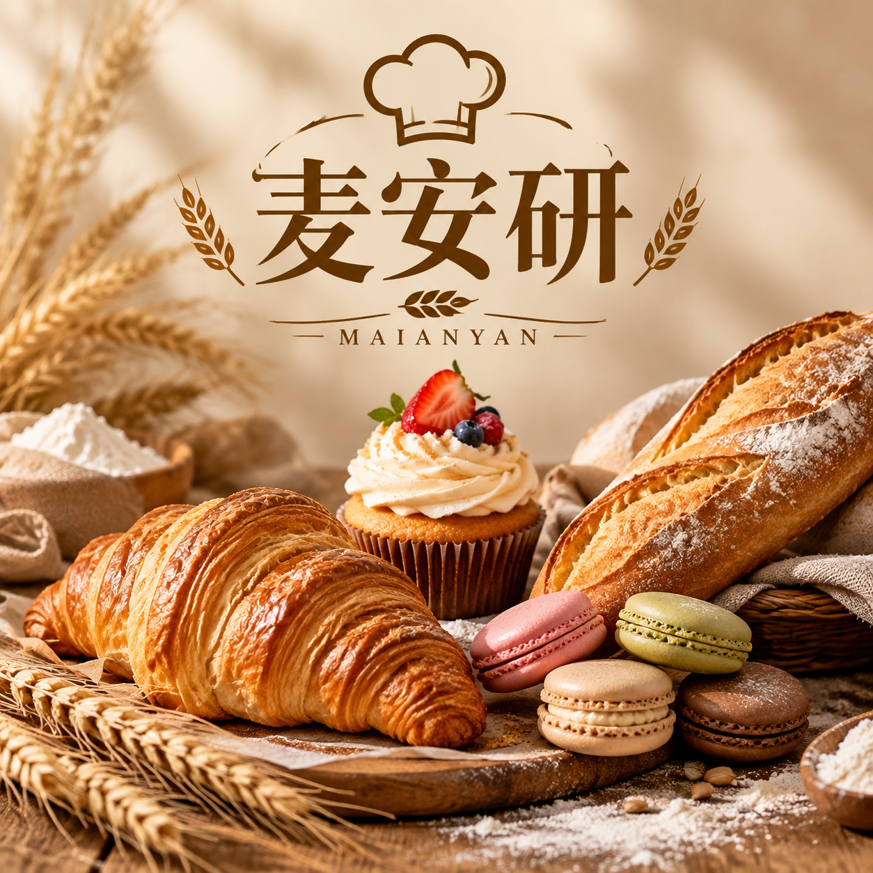 烘焙店品牌头像设计，店名"麦安研"，写实写真风格，画面中央展示… - 图片创意预览