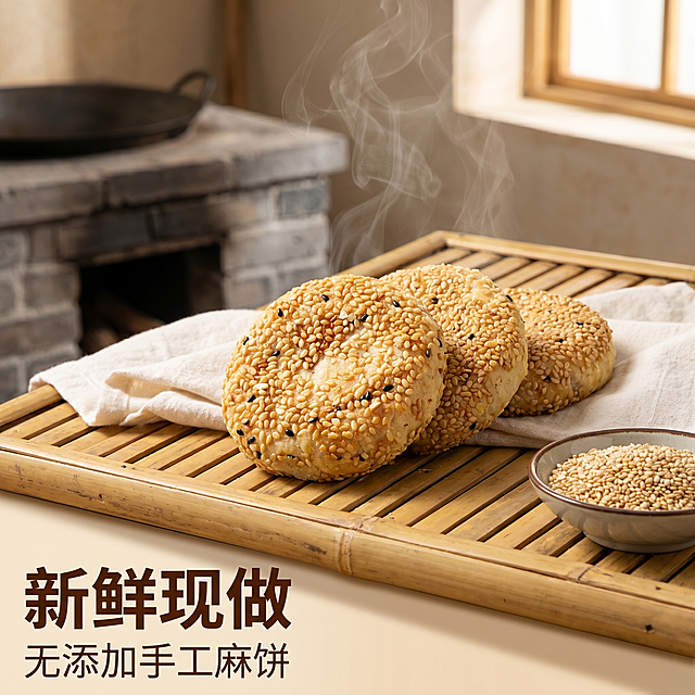 [主图-14] 新鲜现做卖点展示。
[氛围风格] 手工现做质朴风，传统怀旧。
[画质] 商业摄影质感，光线柔和通透，产品清晰真实，画面干净高级。
[元素] 刚烤好的双麻酥饼放在老式竹制烤架上晾凉，旁边放着干净的棉纱布和芝麻碗，背景是老砖砌灶台，增加手工现做怀旧元素。保持麻饼外观（物理结构、材质质感、颜色）与输入产品图绝对一致，杜绝任何变形和色差，精细化处理。商品主体占比严格控制在60%-80%之间，画面满屏无边框。
[光影] 厨房窗户自然光，暖调明亮，突出刚烤好的油润香气。
[配色] 竹黄、砖灰、麻饼金黄，质朴暖调。
[视角构图] 平视拍摄，烤架上的麻饼主体居中。
[文字版式] 左下对齐，大字文案“新鲜现做”深棕色粗体，右侧小字“无添加手工麻饼”浅棕色小号字。
[比例分辨率] 1:1比例，2k分辨率；文字清晰锐利，画面超高清。
[负向提示词] 变形，水印，文字错乱，产品图模糊，背景杂乱