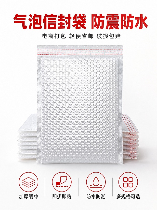 [主图-1 3:4] 首图产品识别与购买欲，竖版构图突出白色珠光膜气泡信封袋的专业打包形象。
[统一基调] 国内淘宝电商主图，红白为主配色，背景以纯净白色为主，局部用正红色做标题和强调色；字体为粗黑无衬线中文标题字 + 常规无衬线说明字；整体风格专业、洁净、实用、有品质感；画面干净通透，商业摄影质感。
[画面] 竖版构图，画面中上部放置一只完整立起的白色珠光膜气泡信封袋，正面朝向观众，袋身饱满挺拔，气泡颗粒纹理清晰可见，顶部红色自粘撕口条完整可见；袋子左右两侧下方各堆叠3-4只同款气泡袋，形成量感和稳定感；产品占画面约55%。背景为纯净浅白到极淡米白的渐变，底部有柔和接触阴影，不悬浮。上部放置大号红色主标题，底部有四列小图标卖点。
[光影质感] 商业棚拍质感，主光从正上方偏左45度打下，右侧柔和补光，气泡颗粒有清晰高光和阴影层次，珠光膜表面有细腻反光，袋身边缘厚度真实，整体立体感强，无过曝。
[配色] 背景主色白色/极浅灰白；主标题字色正红色；辅助说明文字深灰色；图标线条红色；整体红白为主，干净醒目。
[文字版式] 上部居中大号粗体红色主标题「气泡信封袋 防震防水」，下方小字灰色副标题「电商打包 轻便省邮 破损包赔」；底部四列小图标+短文案：「加厚缓冲」「即撕即粘」「防水防潮」「多规格可选」；文字不遮挡产品主体，放在负空间。
[输出要求] 3:4竖版，1440×1920，72dpi，文字清晰锐利，产品清晰不变形，袋身气泡纹理真实；负向：禁止变形、错字、模糊、杂乱背景、水印、平台Logo、悬浮感、塑料感过重。