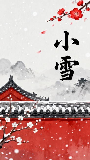 中国风插画风格的小雪节气海报，淡雅灰白色调背景，飘落的细密雪花营造宁静氛围，右下角红色宫墙屋顶，灰黑色瓦片与红色墙面形成鲜明对比，墙面上点缀着几枝白色梅花，枝干纤细，花朵小巧精致，右上角是盛开的红色梅预览效果