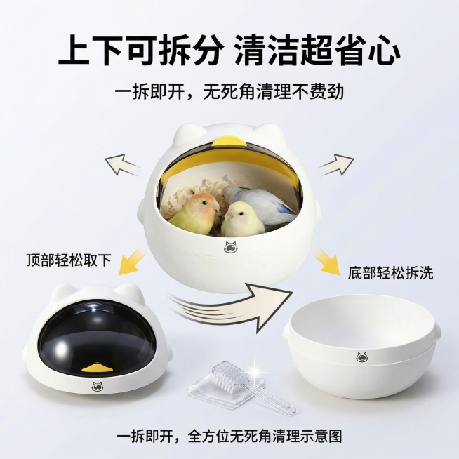 萌趣科技养宠风，严格还原鹦鹉太空舱鸟窝，产品尺寸比例1:1。主视觉：采用爆炸视图设计，完整鸟窝居中，上下拆分的部分向两侧展开，用箭头标注拆分方式，搭配一拆即开，无死角清理的示意，背景为浅白渐变，突出可预览效果